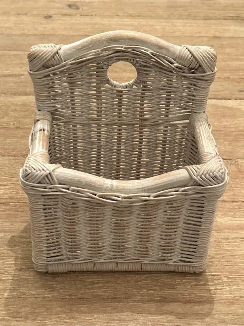 Vintage Woven Wicker Wall Basket Whitewash Painted Finish Cottage Coastal
